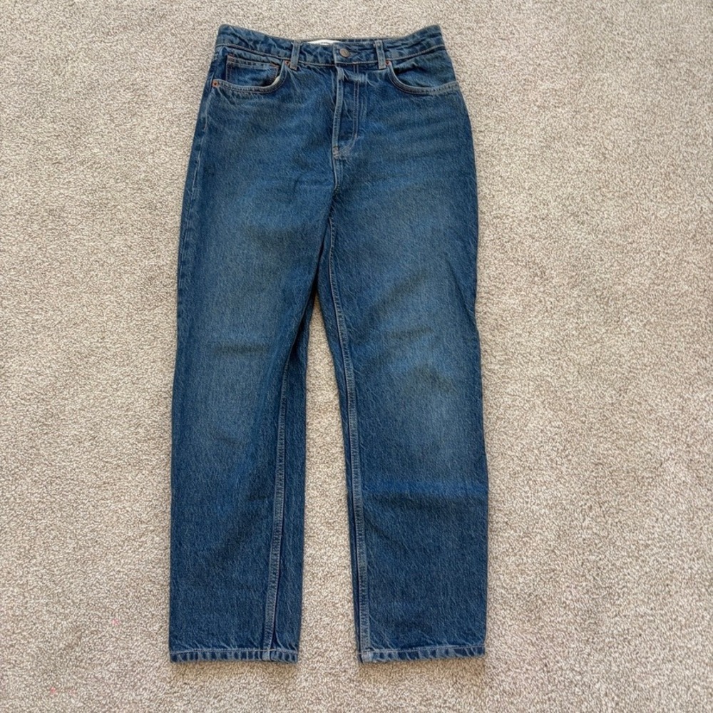 Reformation Cynthia High Rise Straight Cropped Jeans Lanier Blue 28 Button Fly